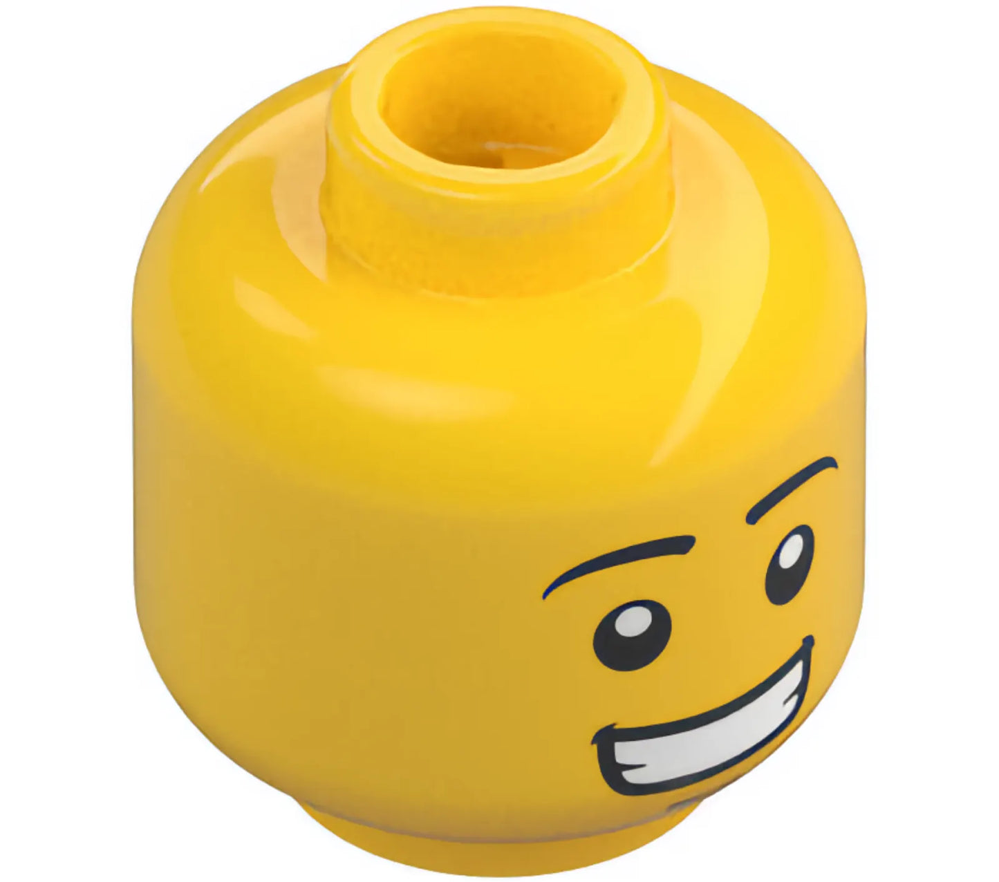 Part 3626pb2308 - Minifigure, Head Dual Sided Black Eyebrows, Medium Nougat Chin Dimple, Lopsided Grin / Open Mouth Smile with Teeth Pattern - Hollow Stud
