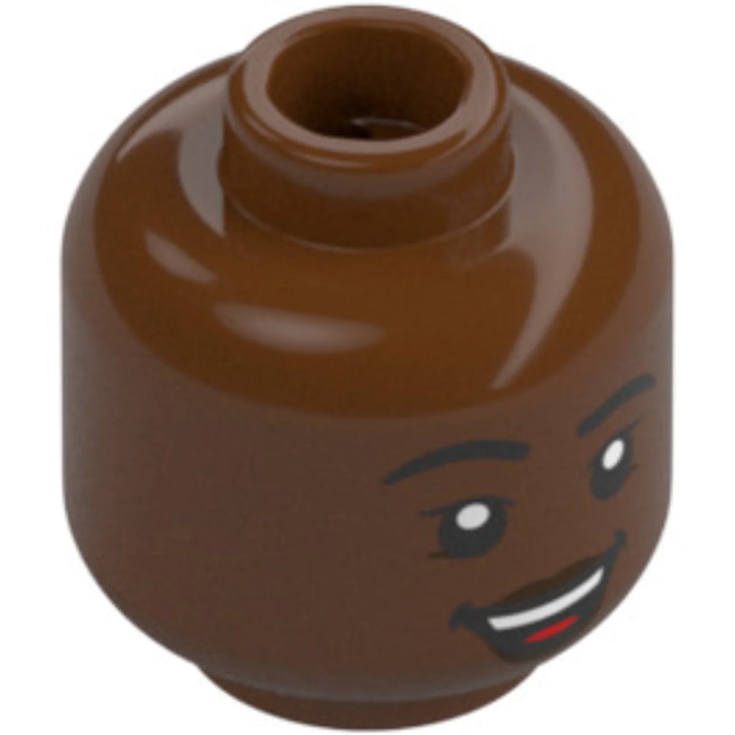 Part 3626pb3015 - Minifigure, Head Dual Sided Female Black Eyebrows Thick, Single Eyelashes, Dark Brown Lips, Open Mouth Smile with Top Teeth and Red Tongue / Smirk Pattern - Hollow Stud
