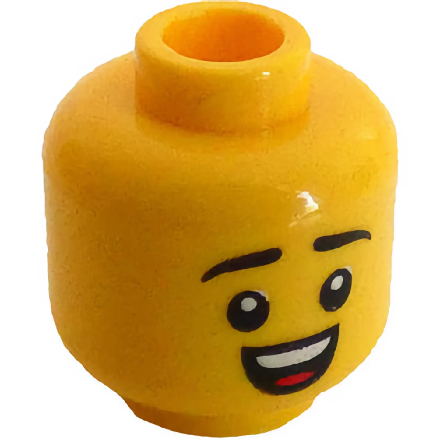 Part 3626pb3092 - Minifigure, Head Dual Sided, Black Eyebrows, Smile with Teeth and Tongue / Scowl Pattern - Hollow Stud