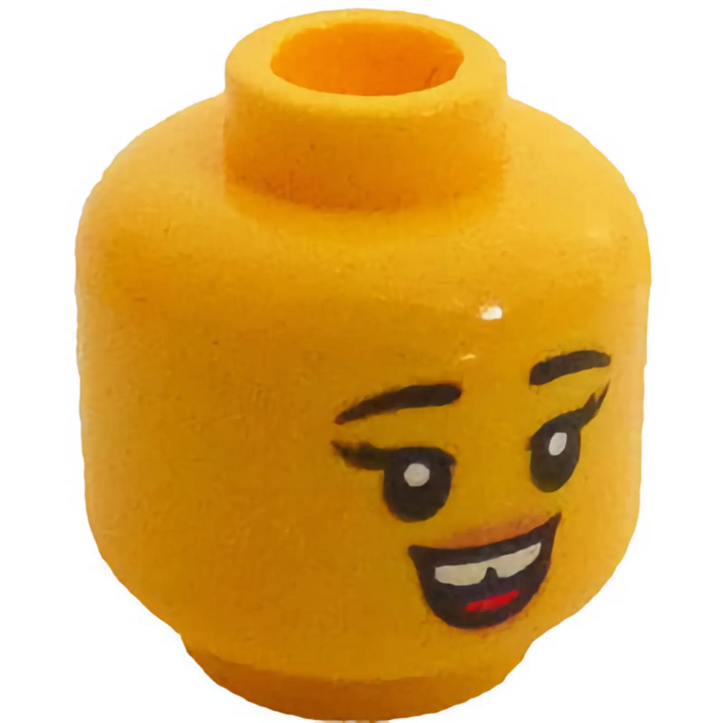 Part 3626pb3094 - Minifigure, Head Dual Sided Female, Black Eyebrows, Gap in Teeth, Smile with Tongue / Wide Grin with Teeth and Closed Eyes Pattern - Hollow Stud