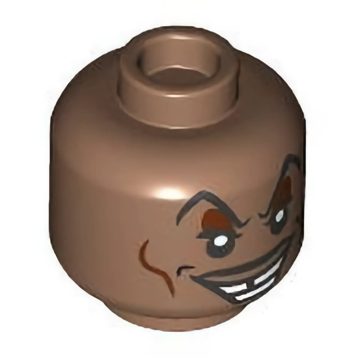 Part 3626pb3292 - Minifigure, Head Black Raised Eyebrows and Moustache, Reddish Brown Eye Shadow and Cheek Lines, Crooked Open Mouth Smile Pattern - Hollow Stud