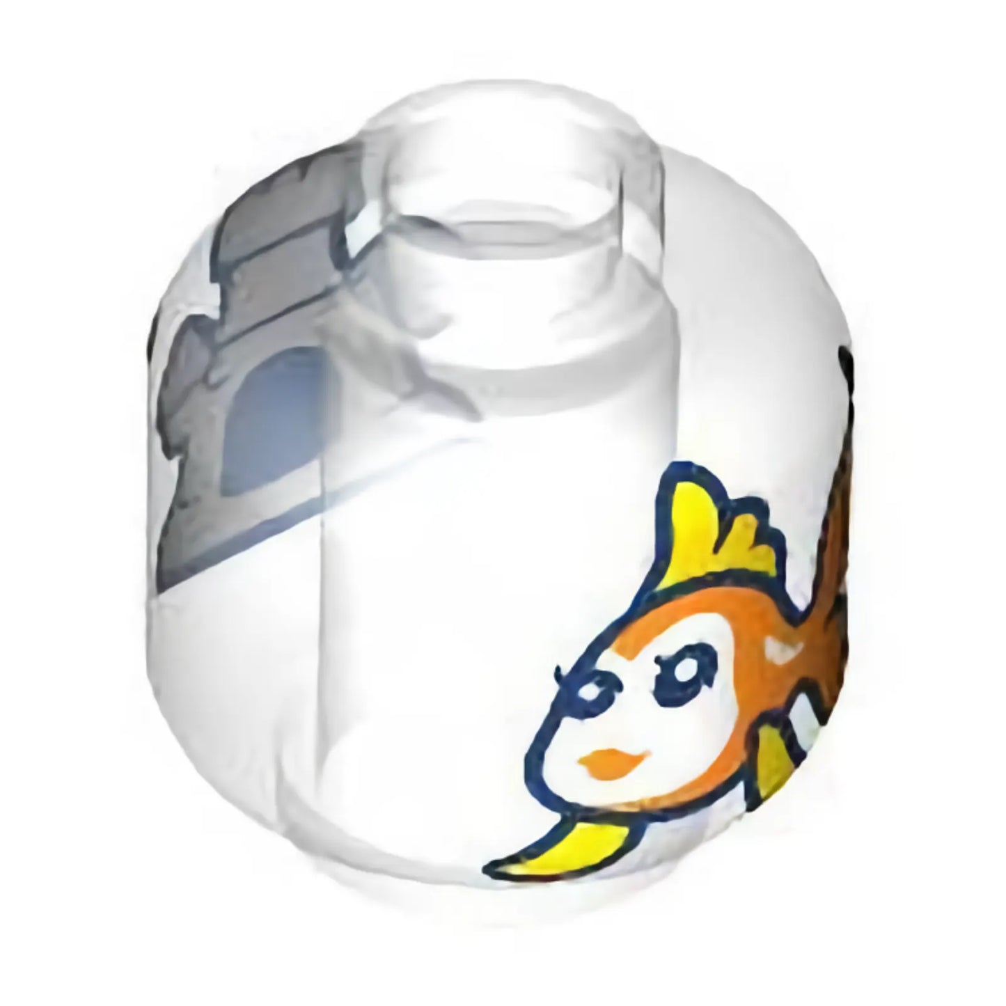 Part 3626pb3361 - Minifigure, Head without Face with Orange Fish with Yellow Fins and White Face, Castle with Dark Blue Opening on Back Pattern - Vented Stud
