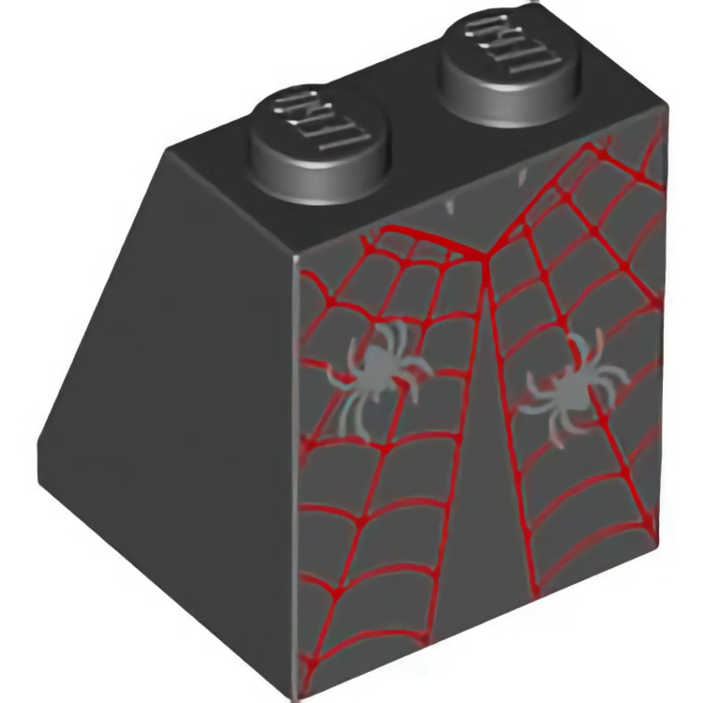 Part 3678bpb085 - Slope 65 2 x 2 x 2 with Bottom Tube with Minifigure Dress / Skirt / Robe, Red Spider Web and 2 Silver Spiders Pattern