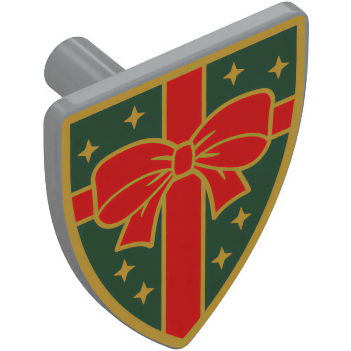Part 3846pb080 - Minifigure, Shield Triangular Short with Red Gift Bow, Gold Stars and Outlines on Dark Green Background Pattern