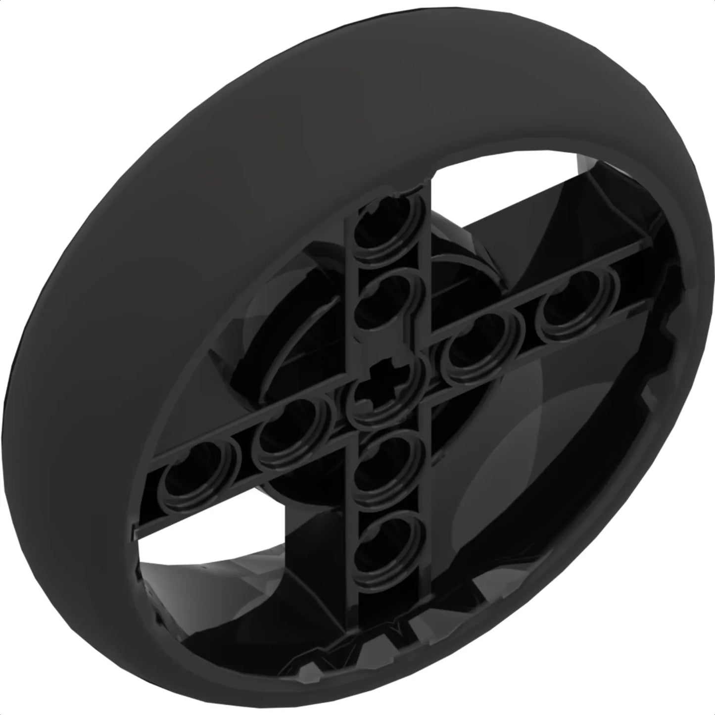 Part 39367pb02 - Wheel 56 x 14 Technic with Axle Hole and 8 Pin Holes with Molded Black Hard Rubber Tire Pattern