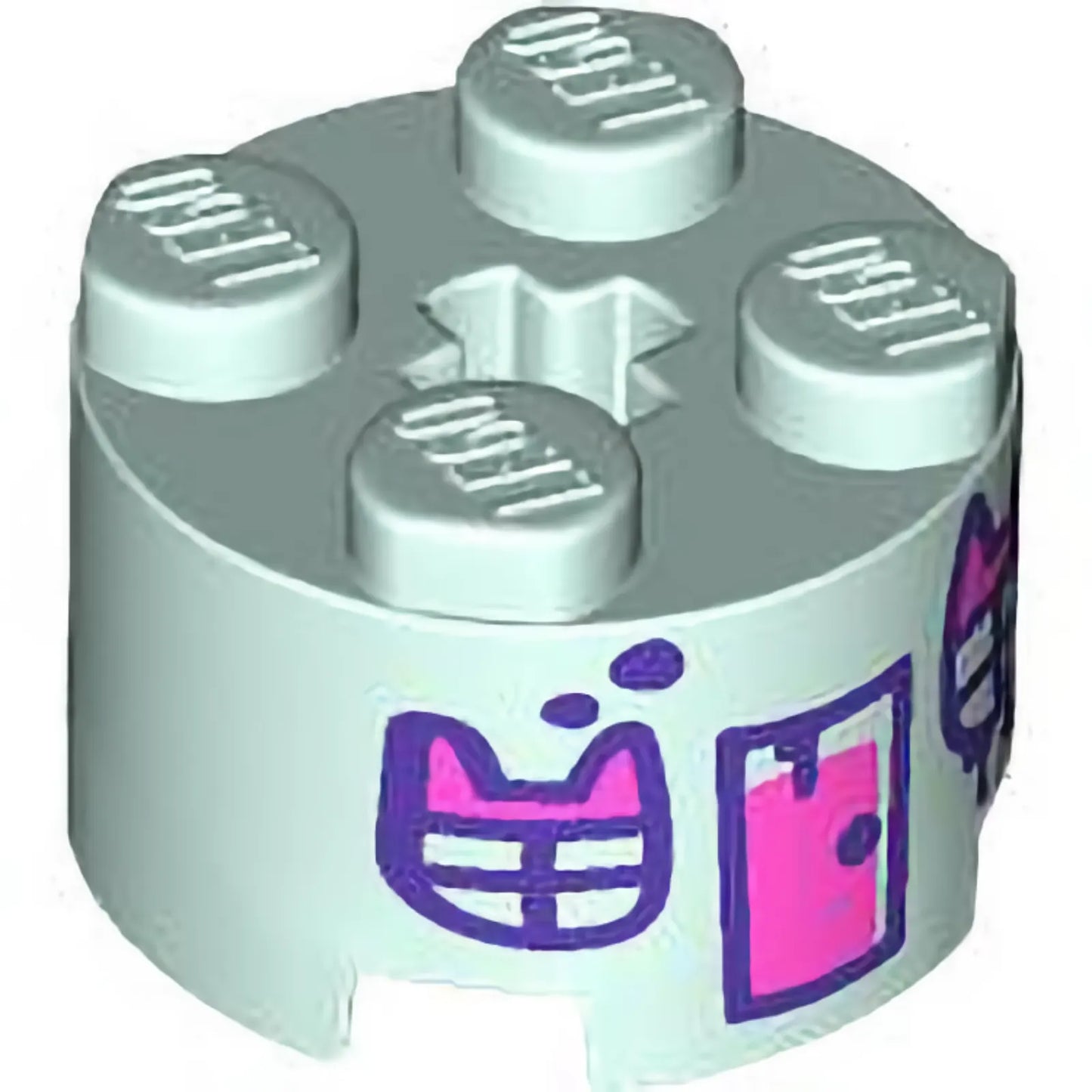 Part 3941pb51 - Brick, Round 2 x 2 with Axle Hole with Dark Pink and Dark Purple Door, Paint Spots and Windows with Cat Ears Pattern