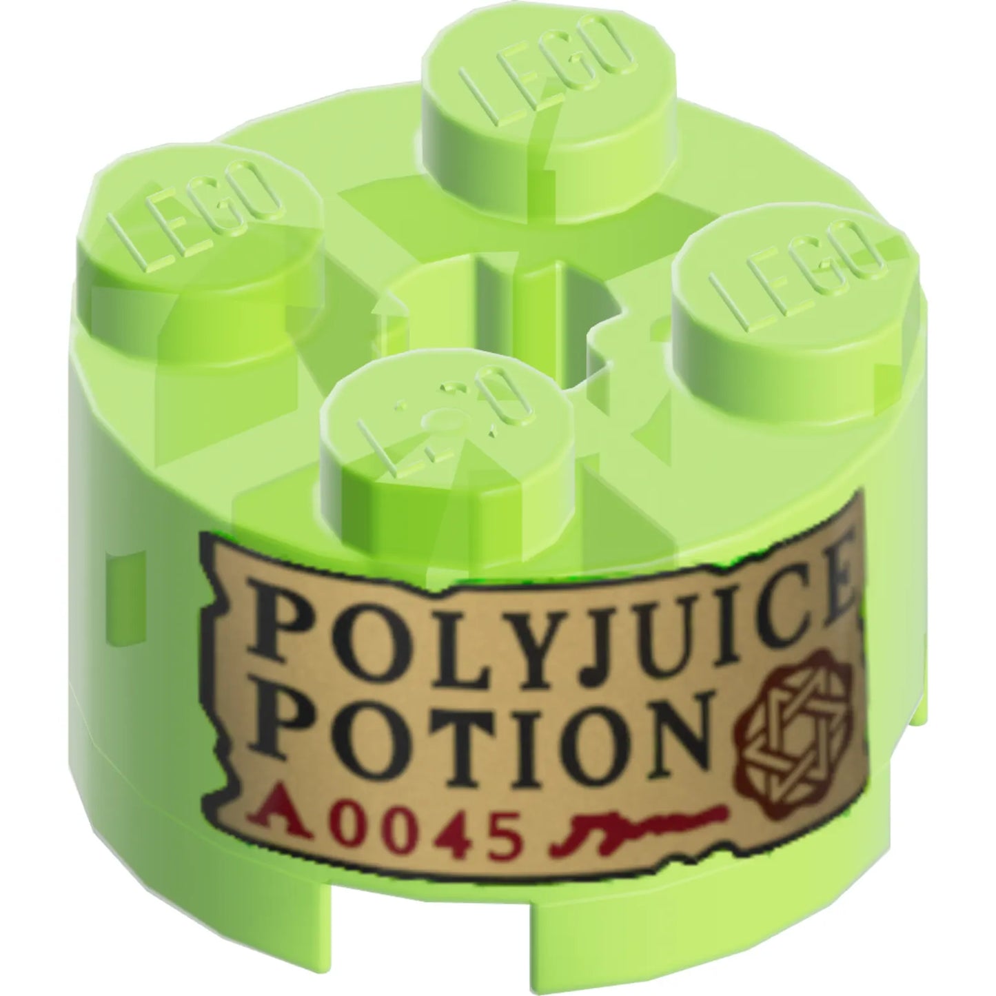 Part 3941pb60 - Brick, Round 2 x 2 with Axle Hole with Tan Label with Black 'POLYJUICE POTION' and Dark Red 'A0045' and Symbol Pattern