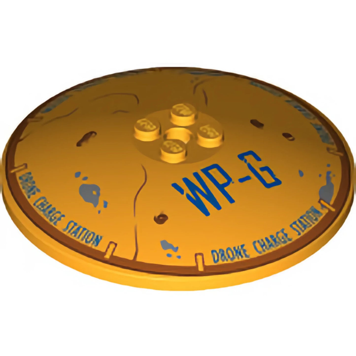 Part 3961pb10 - Dish 8 x 8 Inverted (Radar) with Dark Blue 'WP-G' and 'DRONE CHARGE STATION', Dark Orange Rim, Dirt, and Rust Spots Pattern