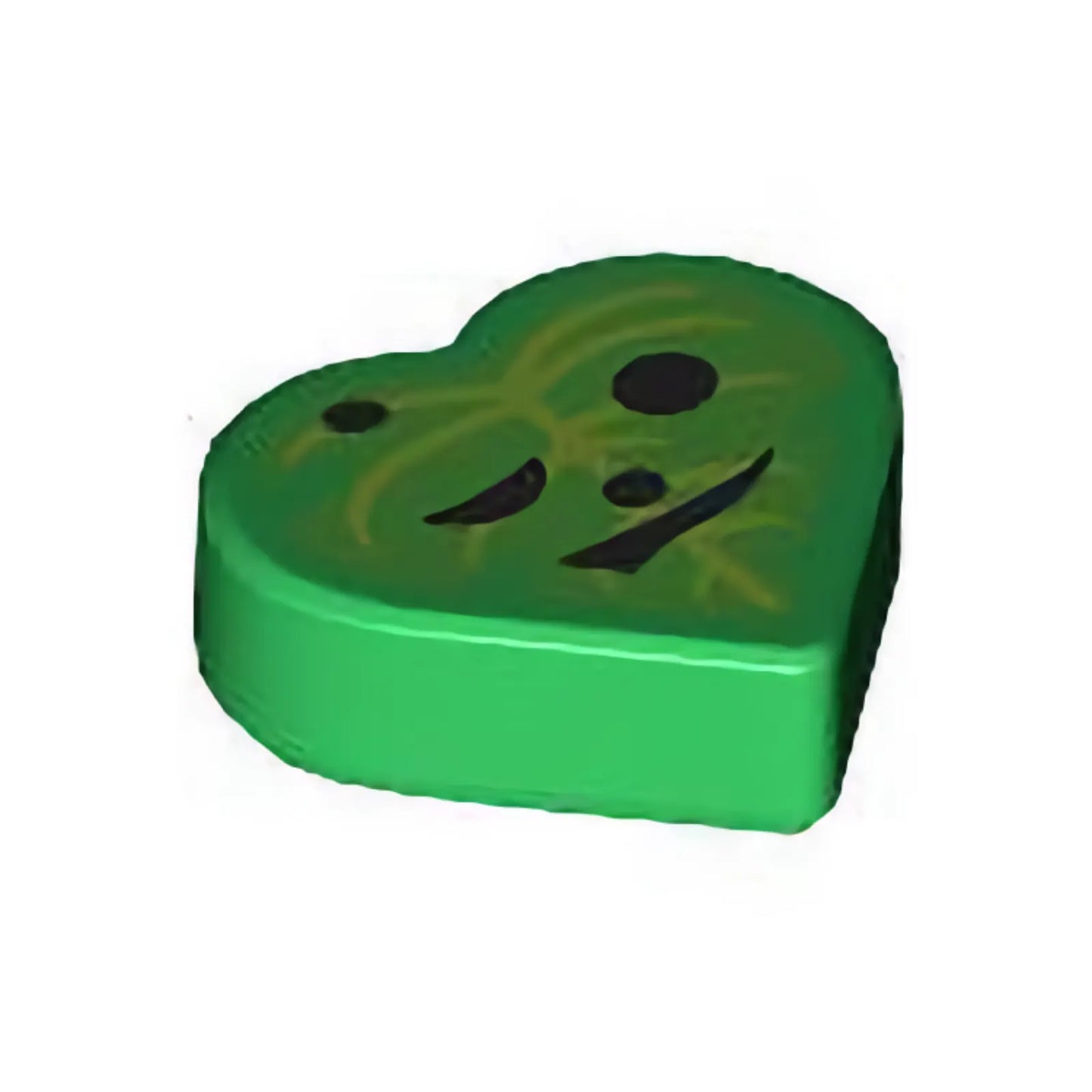 Part 39739pb06 - Tile, Round 1 x 1 Heart with Bright Green and Lime Leaf with Black Eyes, Nose and Mouth Pattern (The Legend of Zelda Korok Oakin Face)