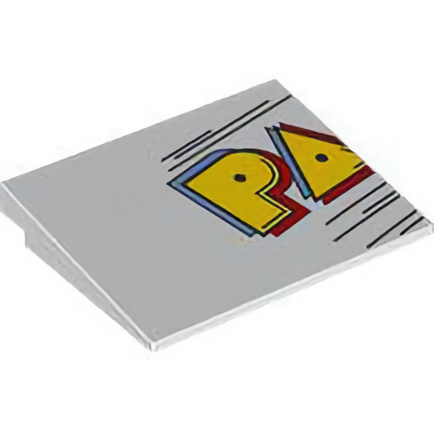 Part 4515pb077 - Slope 10 6 x 8 with PAC-MAN Sign Left Piece, Yellow, Medium Blue, and Red 'PA' and Black Lines Pattern