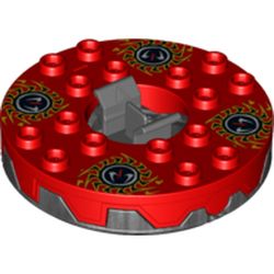 Part bb0549c08pb01 - Turntable 6 x 6 x 1 1/3 Round Base Serrated with Red Top and Red, White, Yellow and Black Fangpyre Pattern (Ninjago Spinner)