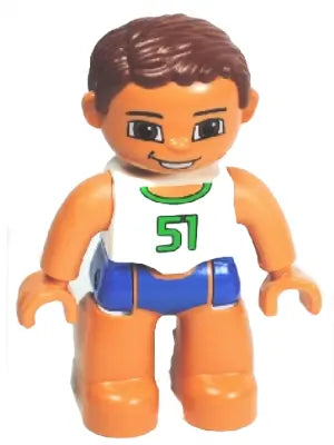Minifig 47394pb131 - Duplo Figure Lego Ville, Male, Blue Swim Trunks, White Top with Green '51', Reddish Brown Hair
