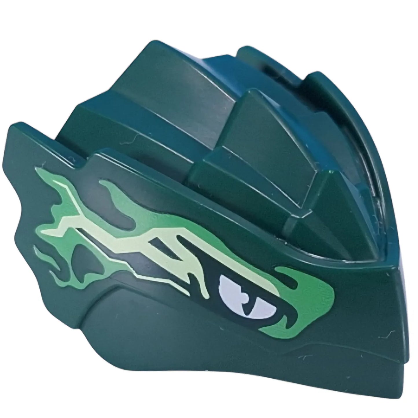 Part 4921pb03 - Dragon Head (Ninjago) with Stepped Top and Pin Hole on Back with White Eyes, Bright Green and Yellowish Green Energy Markings Pattern