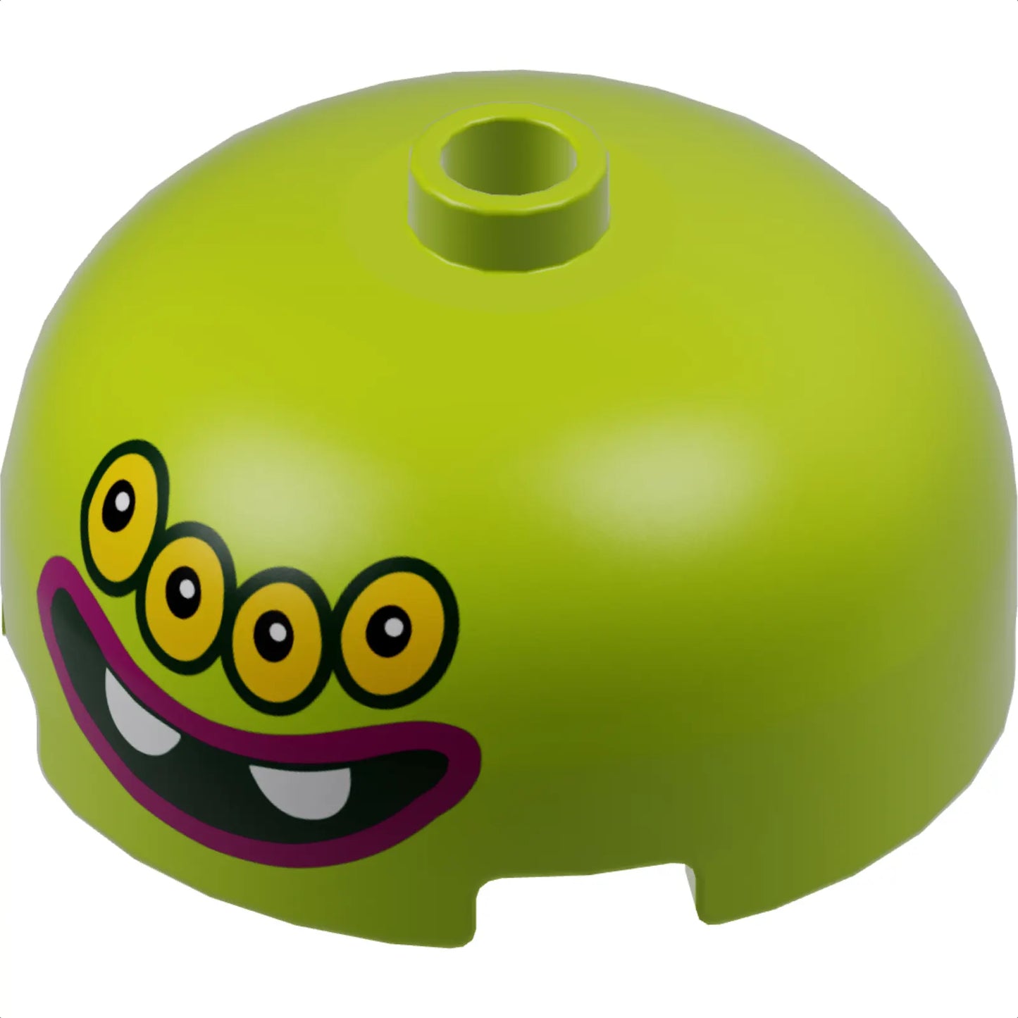Part 49308pb003 - Brick, Round 3 x 3 x 1 1/3 Dome Top - Open Stud with Face, Four Yellow Eyes with Black Pupils and Outlines and Black Open Mouth Wide Smile with Two White Teeth and Magenta Outline Pattern