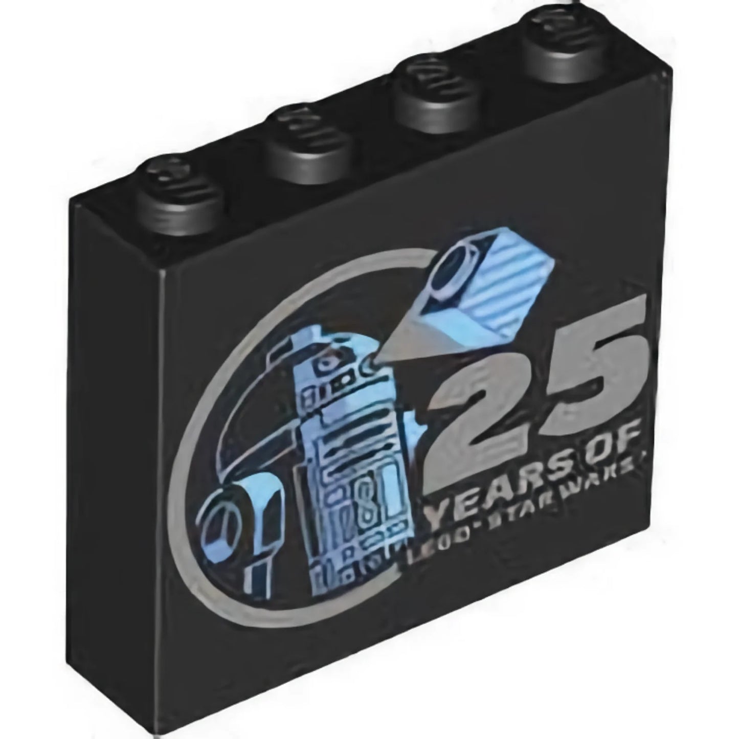 Part 49311pb039 - Brick 1 x 4 x 3 with Bright Light Blue and Medium Blue R2-D2 Minifigure and Silver '25 YEARS OF LEGO STAR WARS' Pattern