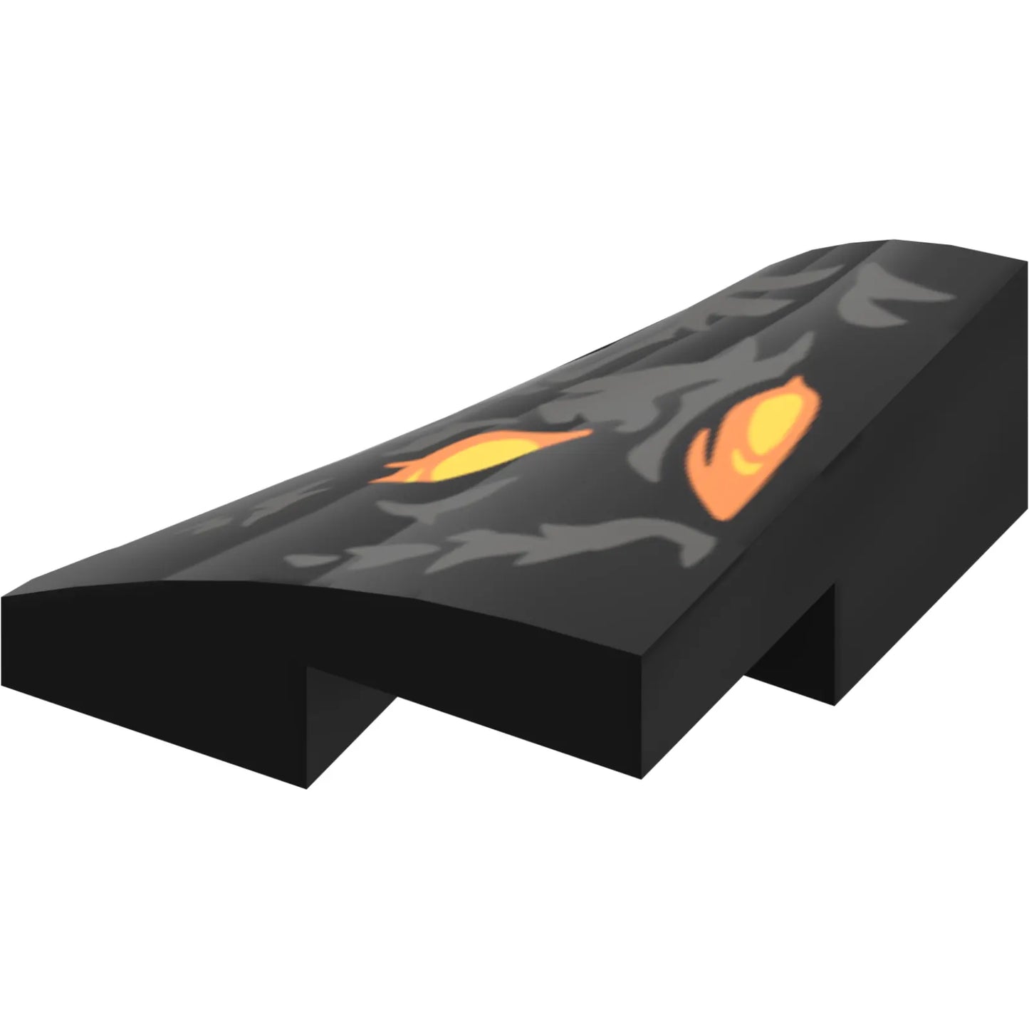 Part 5093pb002 - Wedge 2 x 2 x 2/3 Right with 2 Yellow and Orange Shapes and Dark Silver Markings Pattern (Balrog Face Left Half)