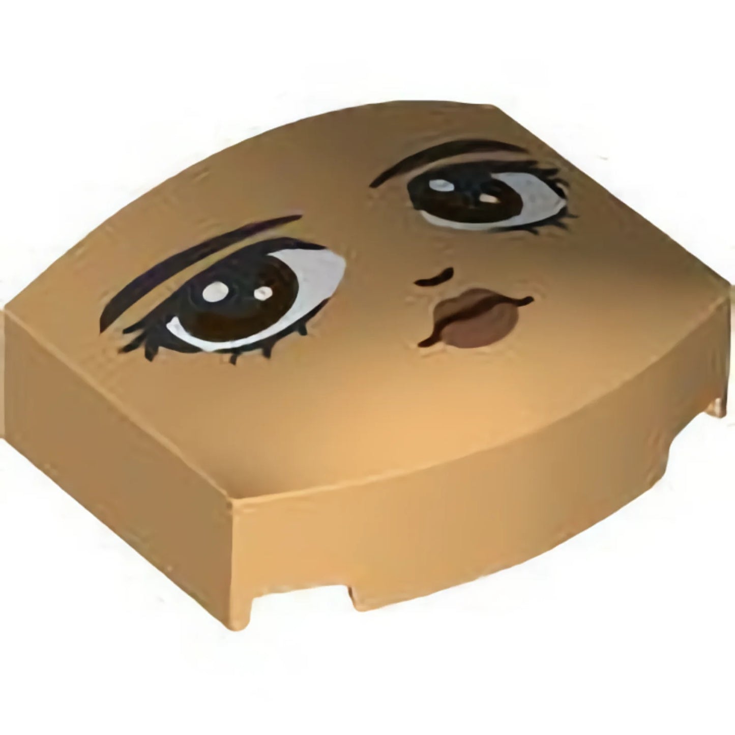 Teil 5787pb002 – Keil 3 x 4 x 1 1/3, dreifach gebogen, ohne Nieten, mit schwarzen Augenbrauen, dunkelbraunen, nach rechts schauenden Augen, Nase und kupfernem Lippenmuster (Wednesday Addams Gesicht)
