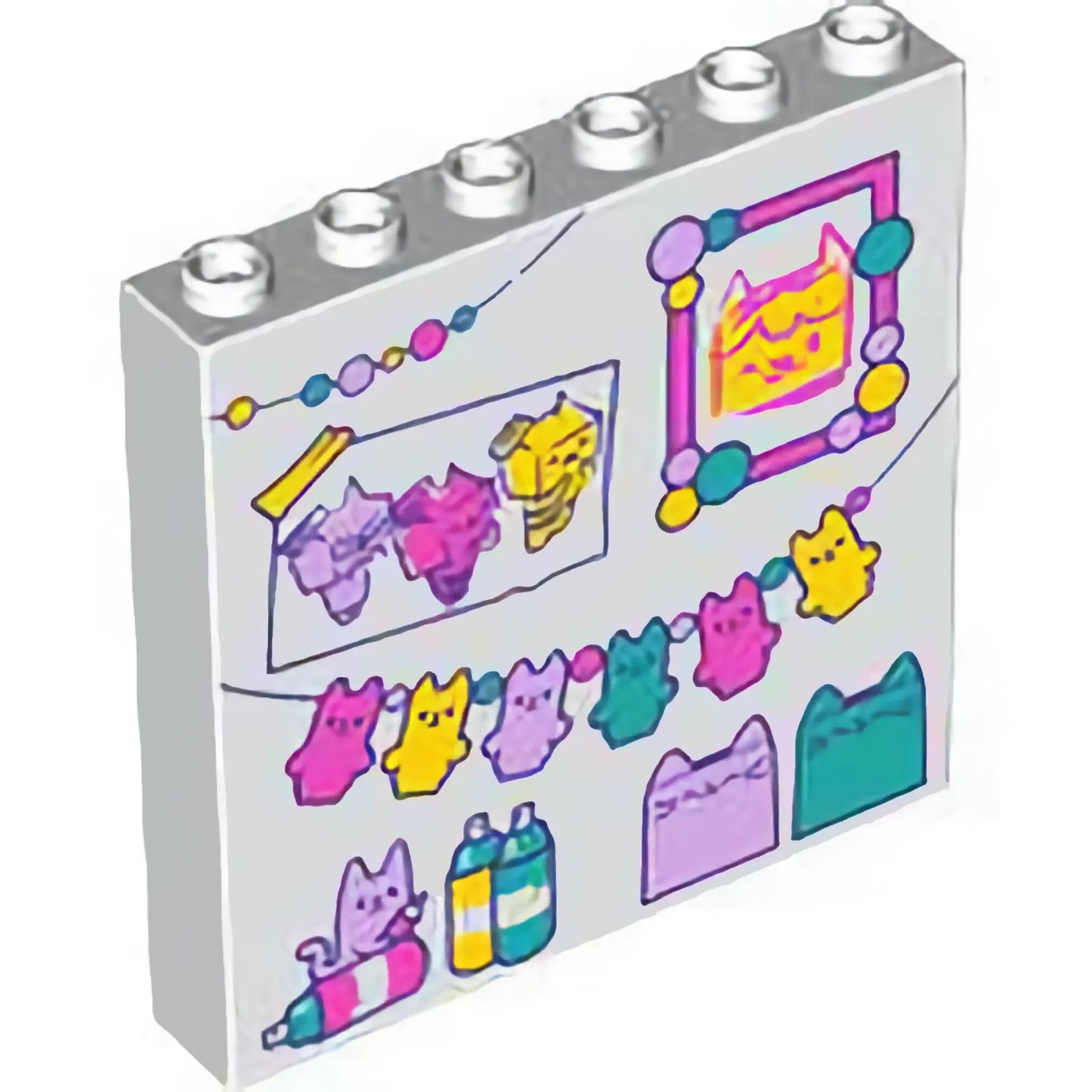 Part 59349pb353 - Panel 1 x 6 x 5 with Dark Turquoise, Dark Pink, Lavender and Yellow Kitten Garland, Cat Painting, Paint and Cats Pattern