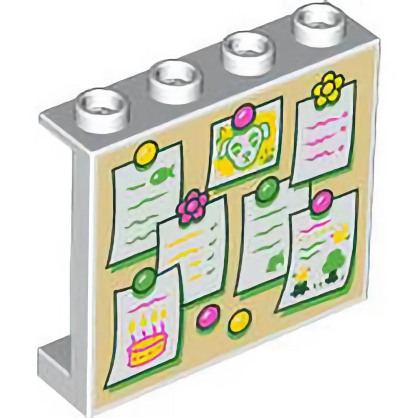 Part 60581pb260 - Panel 1 x 4 x 3 with Side Supports - Hollow Studs with Tan Bulletin Board, White Notes with Bright Green, Dark Pink and Yellow Pins, and Animal Crossing K.K. Slider Pattern