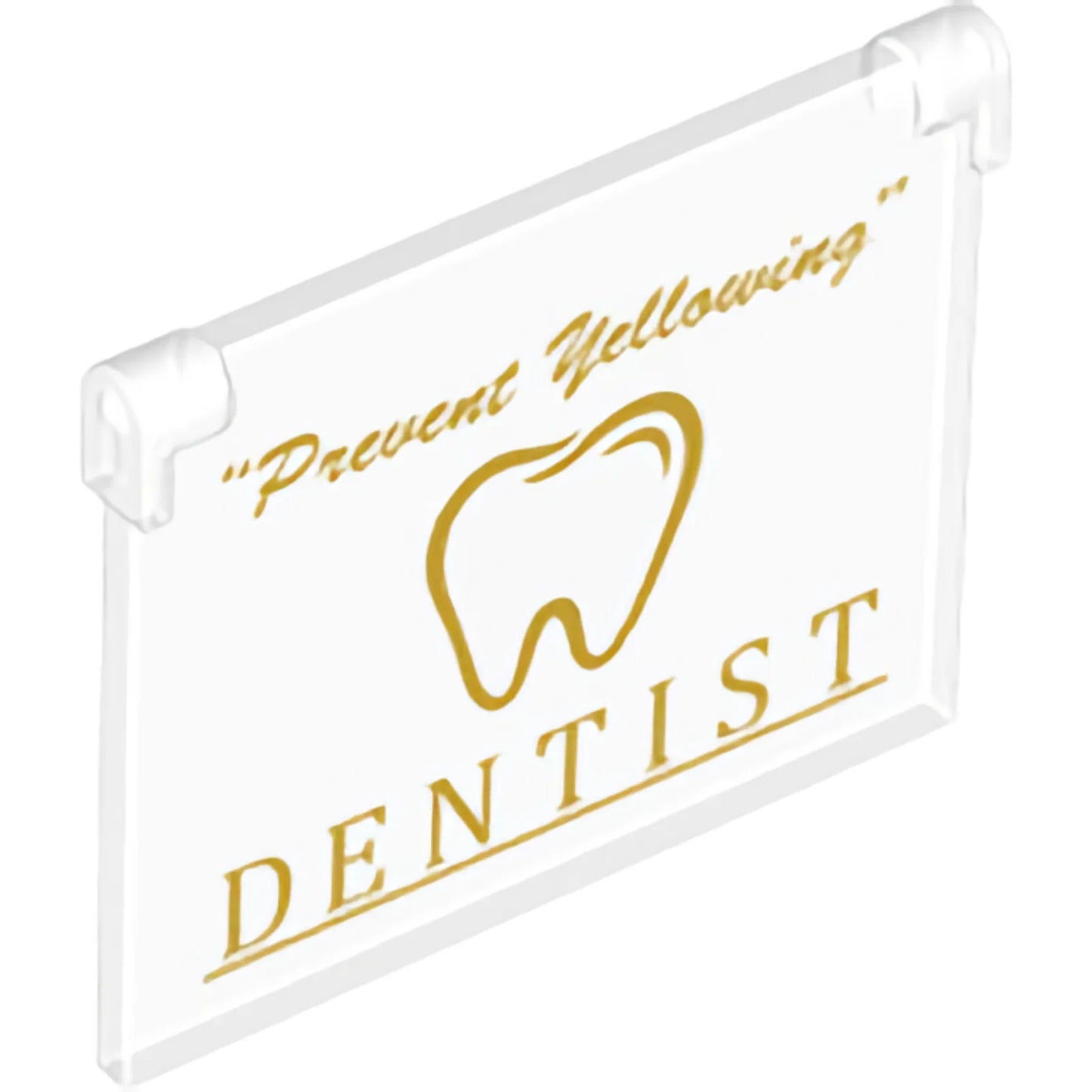 Part 60603pb007 - Glass for Window 1 x 4 x 3 - Opening with Gold and White '"Prevent Yellowing"', 'DENTIST' and Tooth Pattern