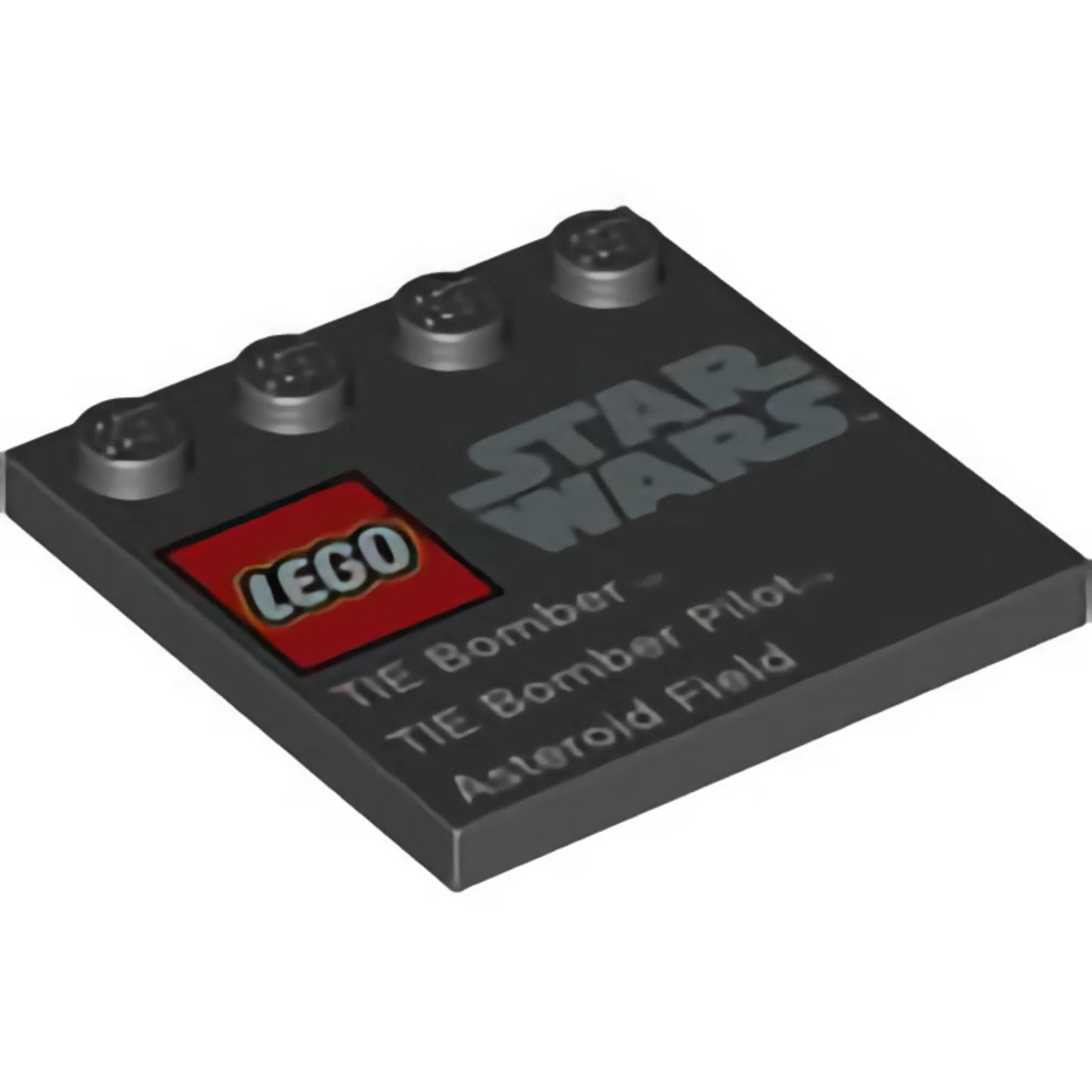 Part 6179pb057 - Tile, Modified 4 x 4 with Studs on Edge with LEGO Star Wars Logo, 'TIE Bomber', 'TIE Bomber Pilot', and 'Asteroid Field' Pattern