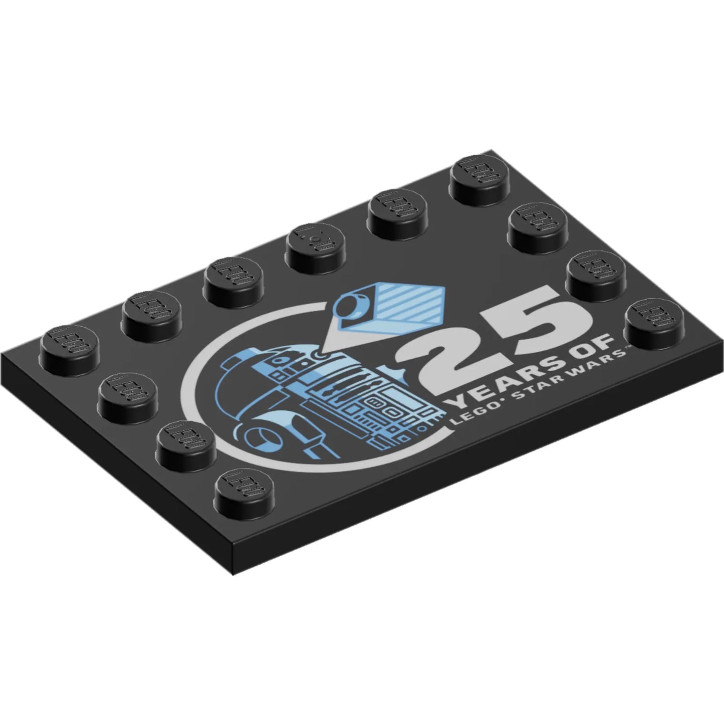 Part 6180pb195 - Tile, Modified 4 x 6 with Studs on Edges with Bright Light Blue and Medium Blue R2-D2 Minifigure and Silver '25 YEARS OF LEGO STAR WARS' Pattern