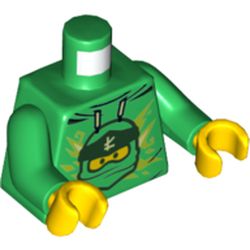 Part 973pb3970c01 - Torso Hoodie with Ninja Minifigure Head and Wrap with Ninjago Logogram Letter L, 'LLOYD' on Back Pattern / Green Arms / Yellow Hands