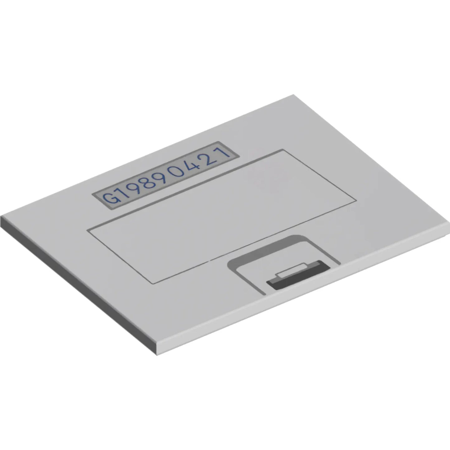 Part 6320pb01 - Tile 6 x 8 with Dark Bluish Gray and Black Catch, Rectangle, and Dark Blue 'G19890421' on Silver Background Pattern