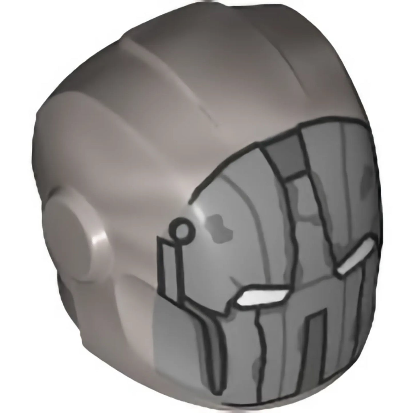 Part 28631pb21 - Minifigure, Headgear Helmet Armor Plates and Ear Protectors with Silver Faceplate, White Eye Slits, Weathering Cracks Pattern
