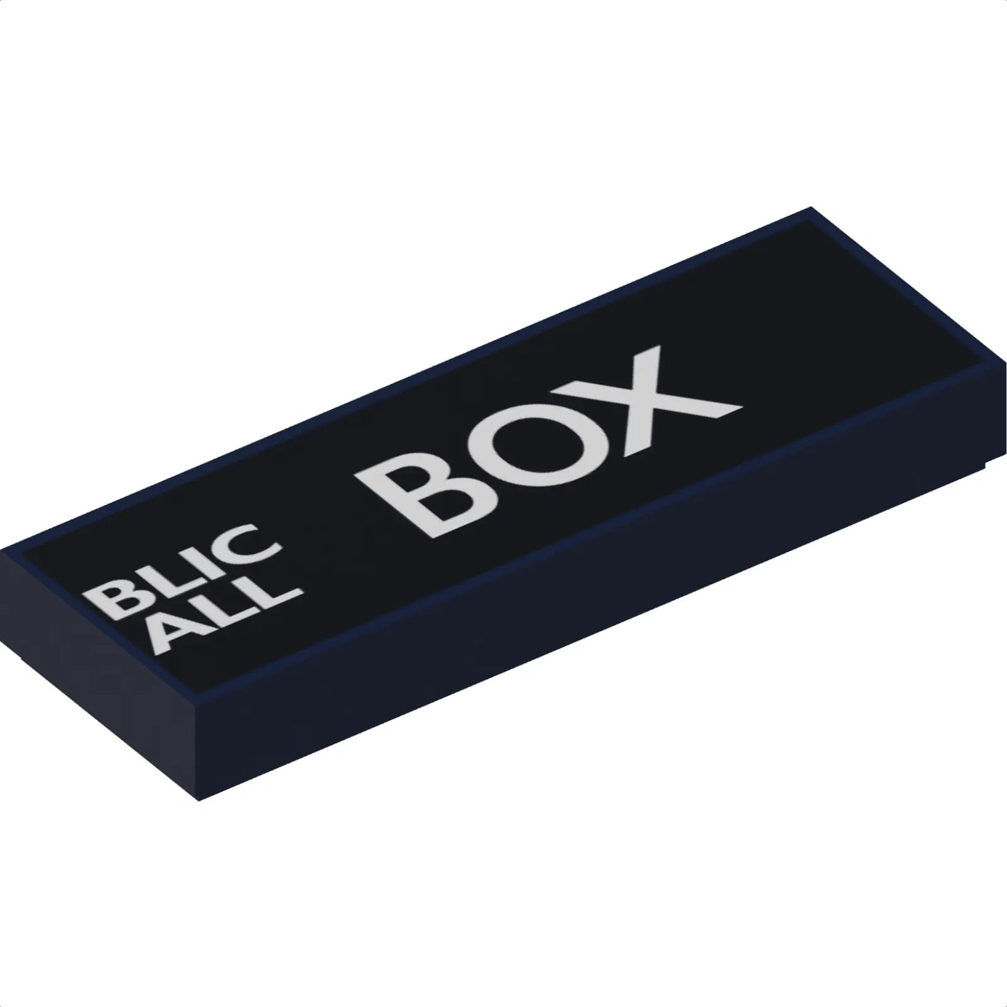 Part 63864pb038R - Tile 1 x 3 with White 'BLIC', 'ALL', and 'BOX' (Police Public Call Box) on Black Background Pattern (Right Side)