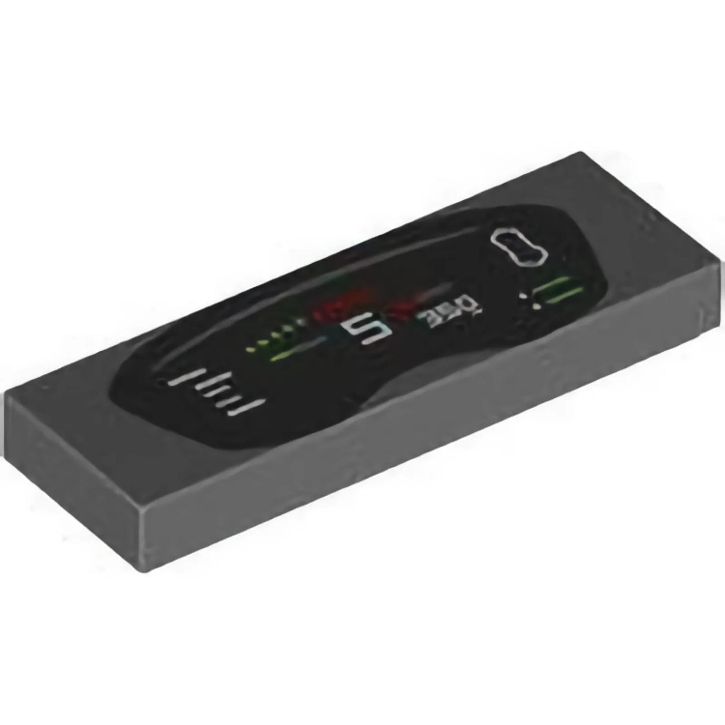 Part 63864pb261 - Tile 1 x 3 with Black Dashboard Display with Red and Green Lights and Gauges, White Number 5 and '350' Pattern
