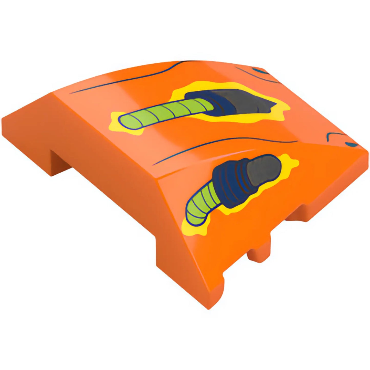 Part 64225pb076 - Wedge 4 x 3 Triple Curved No Studs with Lizard Shaped Lime, Dark Blue and Silver Eyes and Nose and Black Nostrils Pattern (Sonic the Hedgehog Biolizard Face)