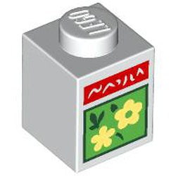 Part 3005pb066 - Brick 1 x 1 with Bright Light Yellow Flowers and Dark Green Leaves on Bright Green Square and Red Bar with White Text Pattern (Animal Crossing Flower Seeds)