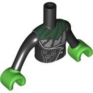 Teil FTGpb493c01 – Torso-Minipuppen-Mädchen-Kleideroberteil mit hellbläulich-grauem Brusteinsatz und filigranem und dunkelgrünem Kragenmuster, hellgrüne Arme mit Händen mit schwarzen langen Ärmeln