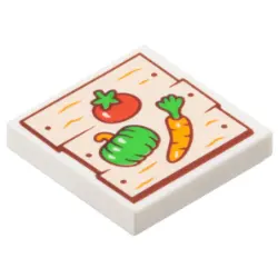 Part 3068pb2554 - Tile 2 x 2 with Light Nougat Wood Grain Boards with Reddish Brown Nails and Red, Orange, and Bright Green Tomato, Paprika / Pepper, and Carrot Pattern