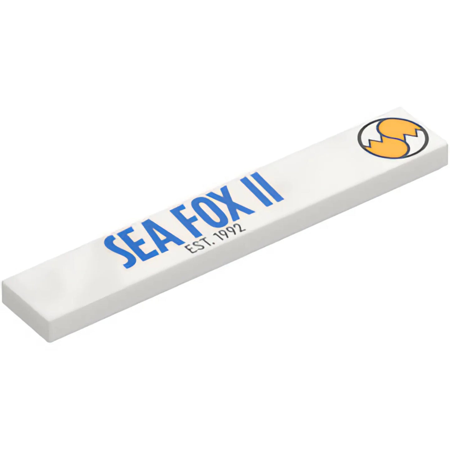 Part 6636pb360 - Tile 1 x 6 with Blue 'SEA FOX II', Black 'EST. 1992' and Bright Light Orange Fox Tails with Zigzag Lines Pattern