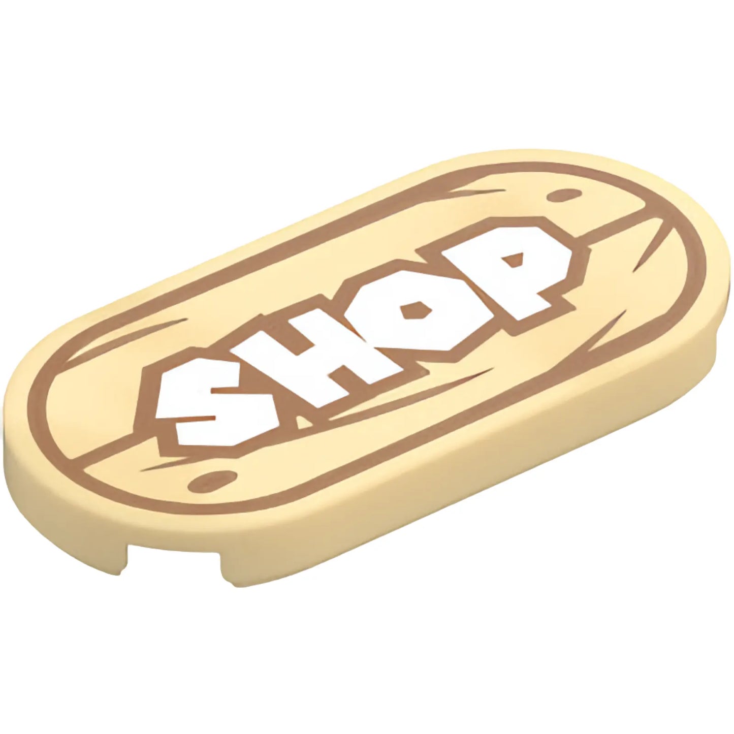 Part 66857pb055 - Tile, Round 2 x 4 Oval with White 'SHOP' Sign with Medium Nougat Wood Grain Pattern
