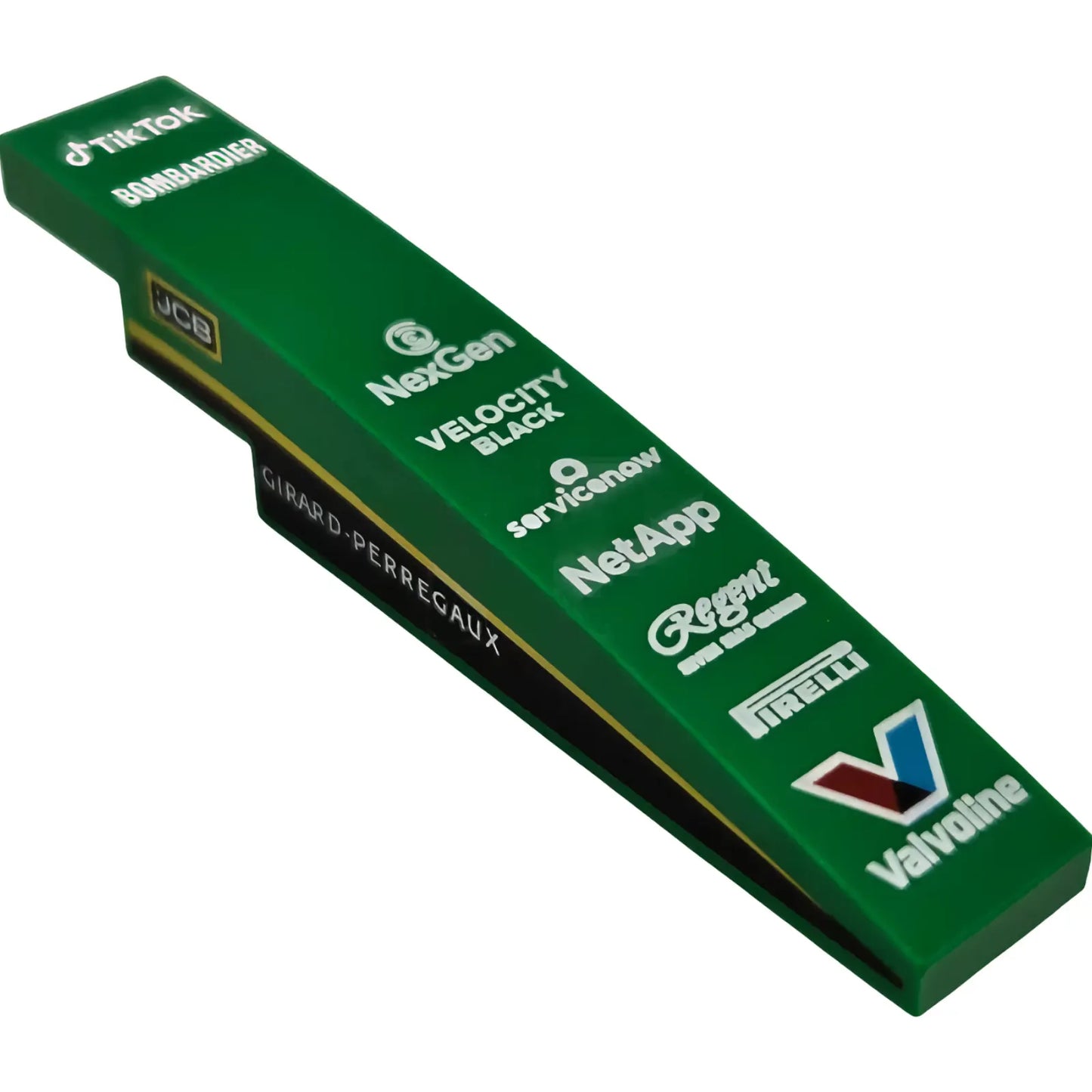 Part 6801pb03 - Slope, Curved 6 x 1 with White 'TikTok', 'BOMBARDIER', 'NexGen', 'VELOCITY BLACK', 'servicenow', 'NetApp', 'Regent', 'PIRELLI', 'Valvoline', 'JCB' and 'GIRARD-PERREGAUX' Logos, Black Panel and Yellow Stripe on Both Sides Pattern