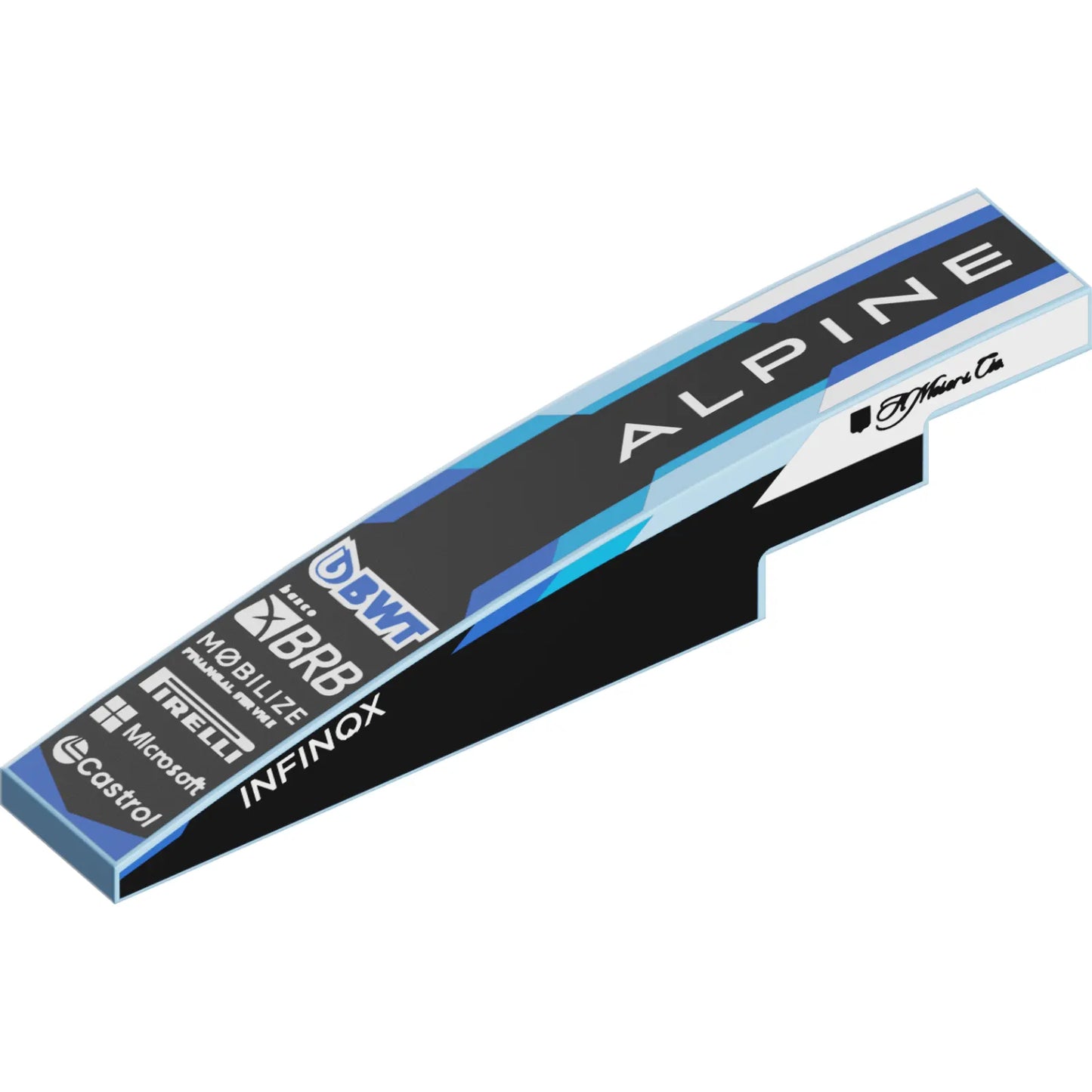 Part 6801pb04 - Slope, Curved 6 x 1 with Blue 'BWT', White 'ALPINE', 'banco BRB', 'MOBILIZE', 'PIRELLI', 'Microsoft', 'Castrol' and 'INFINOX' Logos on Black Background, Script 'H. Moser & Cie.' on Both Sides Pattern
