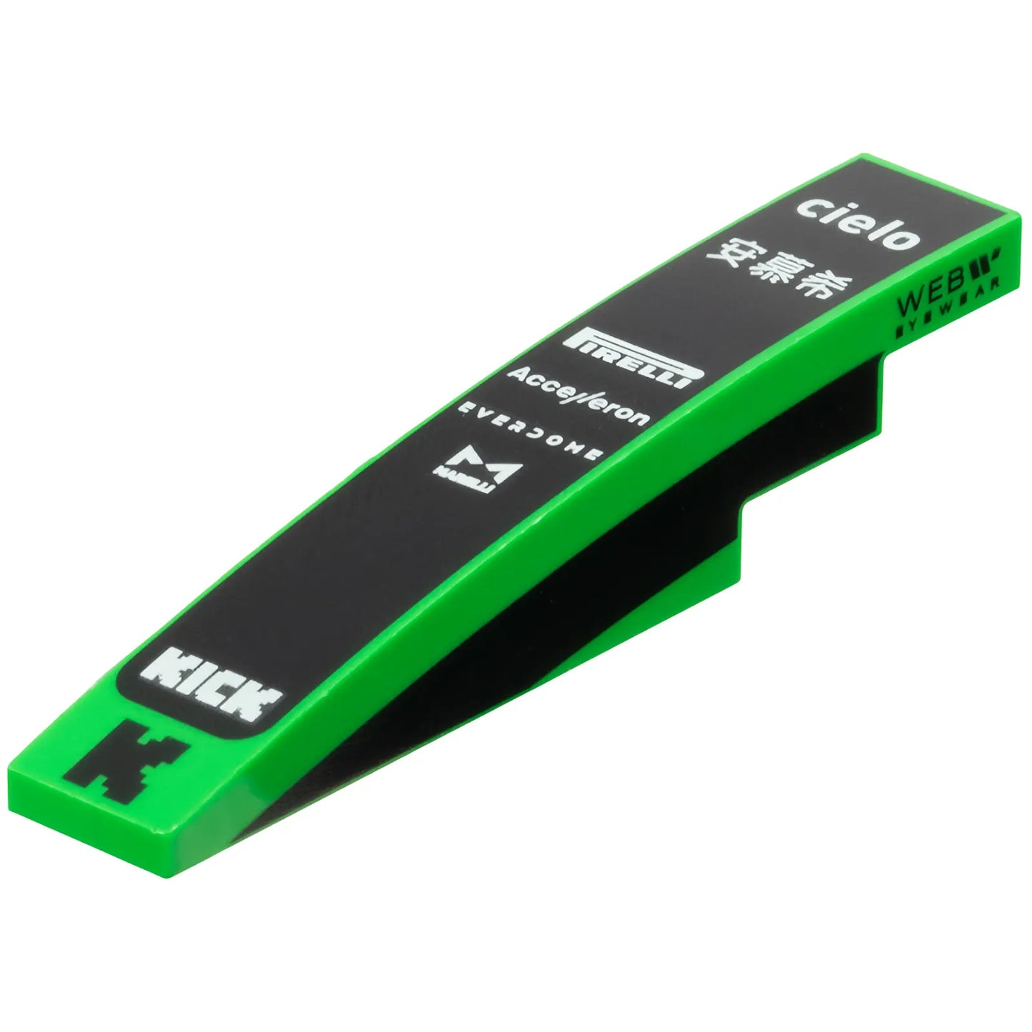 Part 6801pb05 - Slope, Curved 6 x 1 with White 'cielo', '安慕希', 'PIRELLI', 'Accelleron', 'EVERDOME', 'MARELLI' and 'KICK' Logos on Black Background, Pixelated Capital Letter K, Stripe and 'WEB EYEWEAR' on Both Sides Pattern