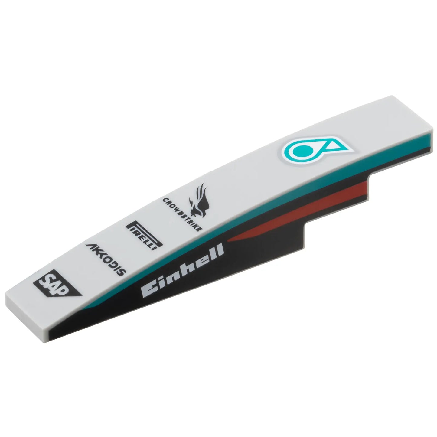 Part 6801pb10 - Slope, Curved 6 x 1 with Petronus Logo, 'CROWDSTRIKE', 'PIRELLI', 'AKKODIS' and 'SAP' Logos, White 'Einhell' and Dark Turquoise and Red Stripes on Black Background on Both Sides Pattern