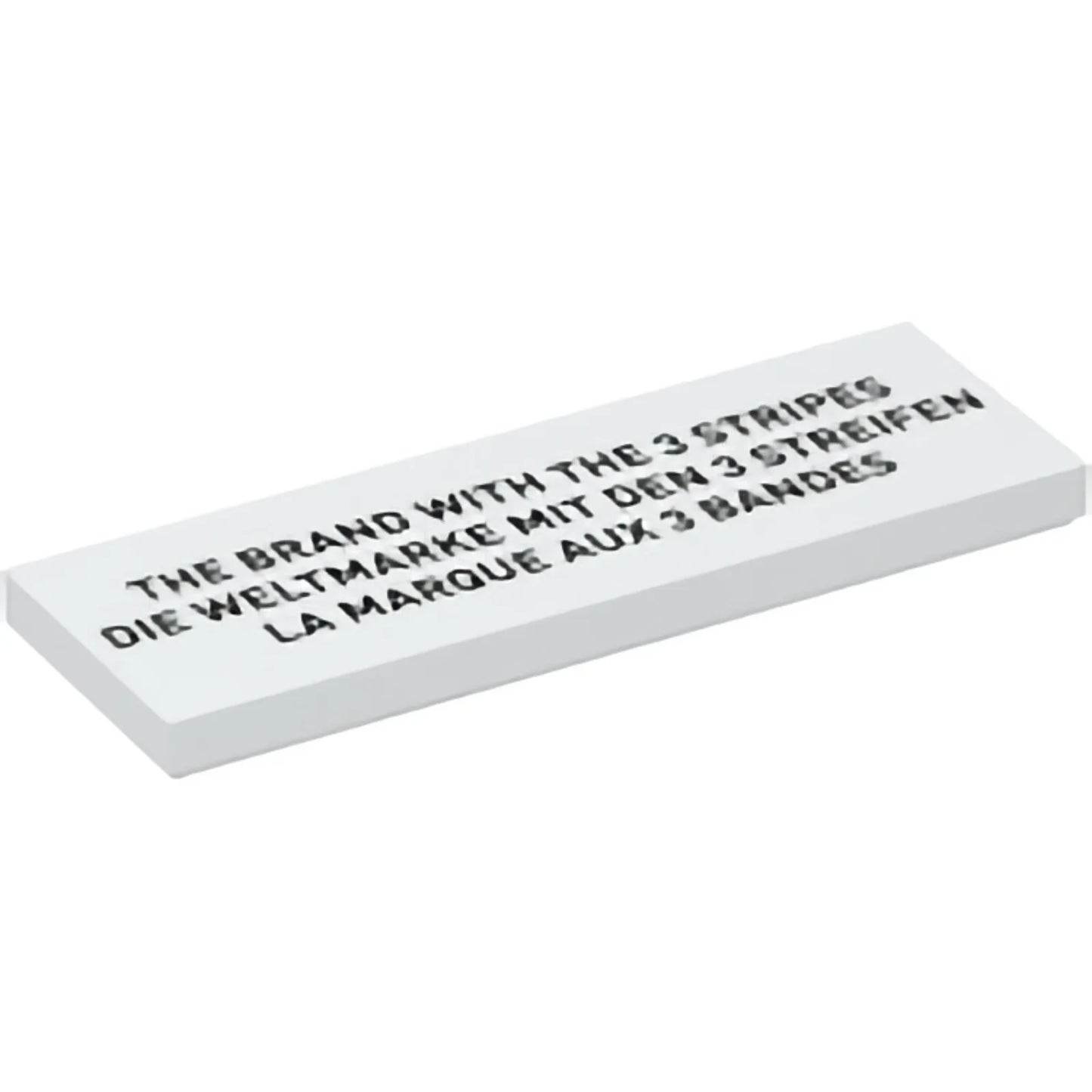 Part 69729pb006 - Tile 2 x 6 with Black 'THE BRAND WITH THE 3 STRIPES', 'DIE WELTMARKE MIT DEN 3 STREIFEN', and 'LA MARQUE AUX 3 BANDES' Pattern