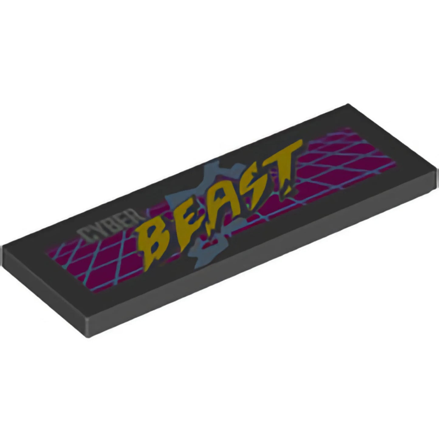 Part 69729pb015 - Tile 2 x 6 with Silver and Yellow 'CYBER BEAST' on Purple Grid, Bright Light Blue Lightning Pattern