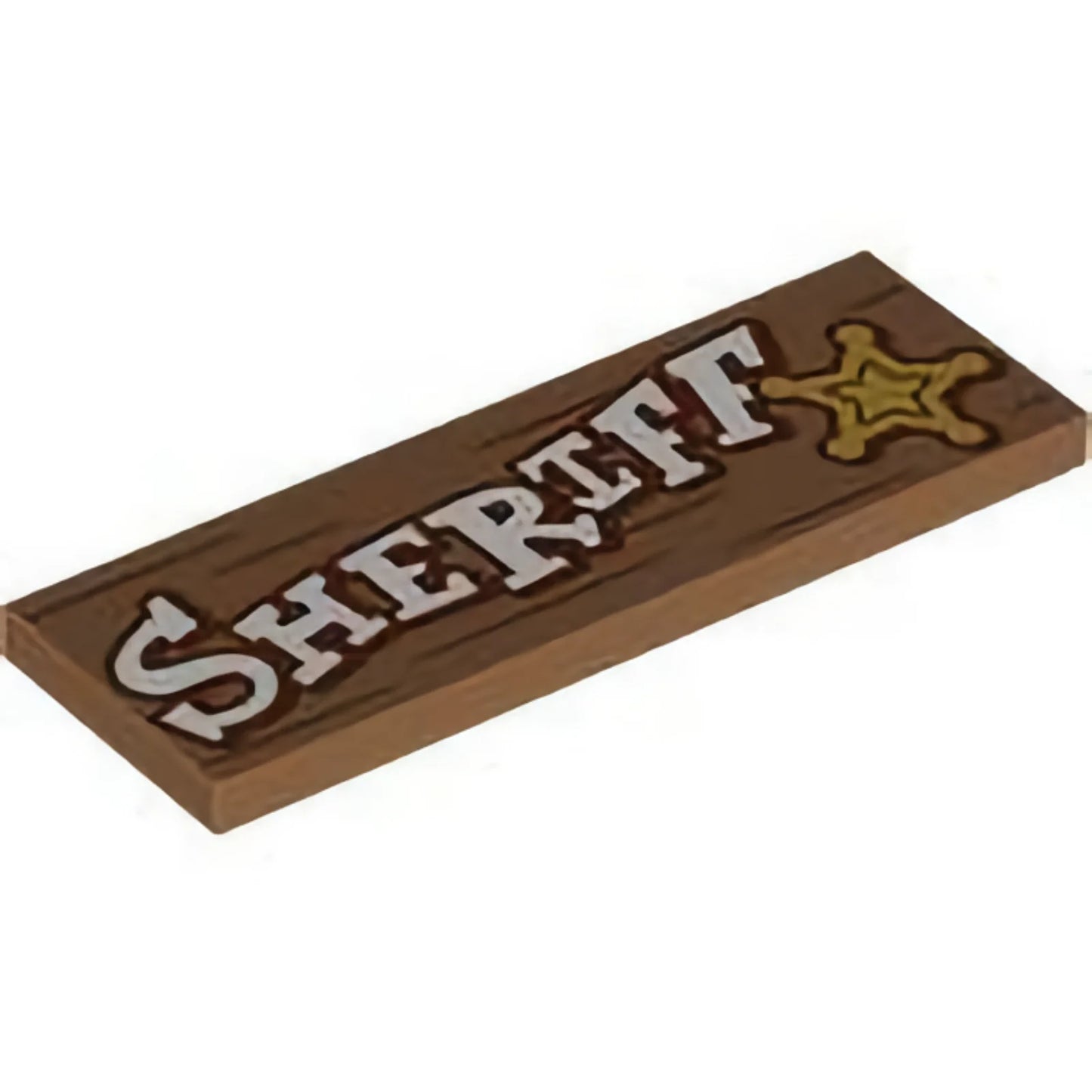 Part 69729pb072 - Tile 2 x 6 with White 'SHERIFF', Gold Star and Reddish Brown Wood Grain Lines Pattern