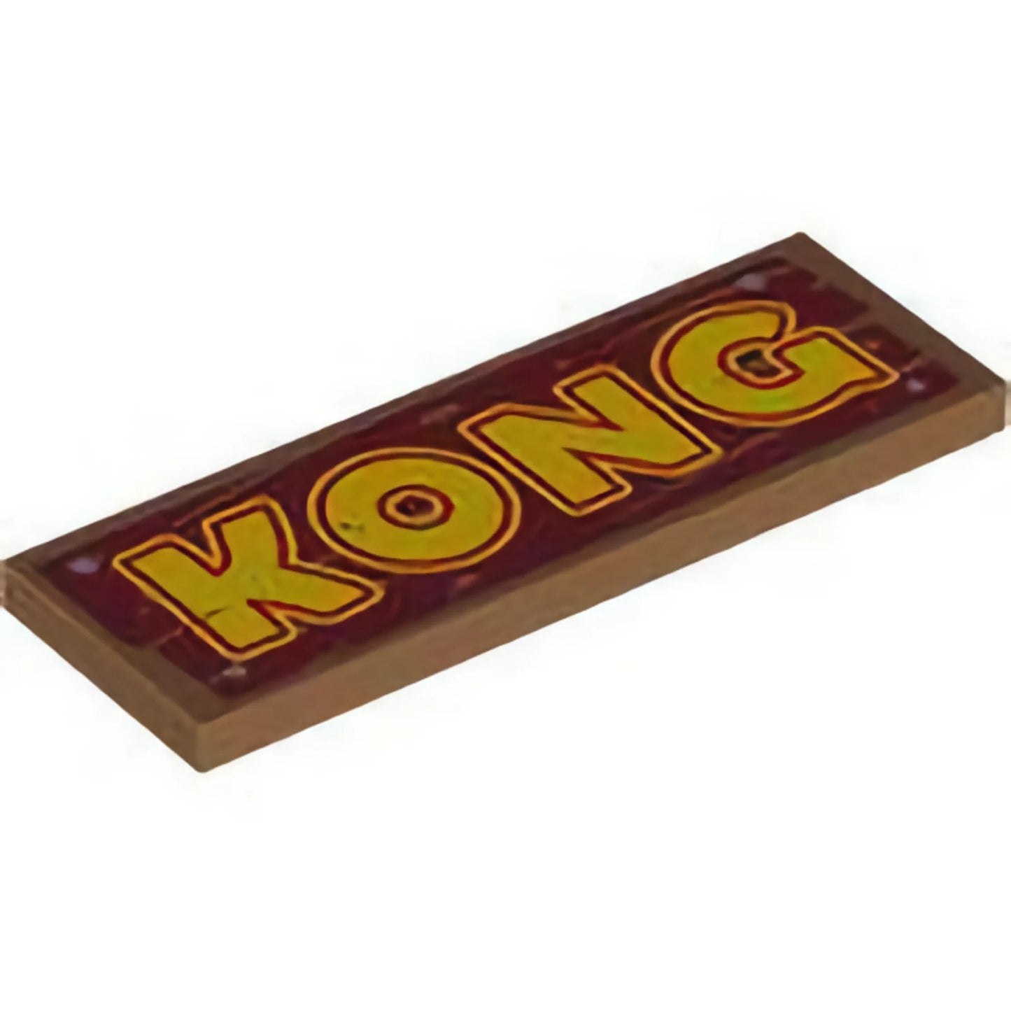 Part 69729pb089 - Tile 2 x 6 with Yellow and Red 'KONG' on Dark Red Wood Grain with 4 Silver Nails Pattern