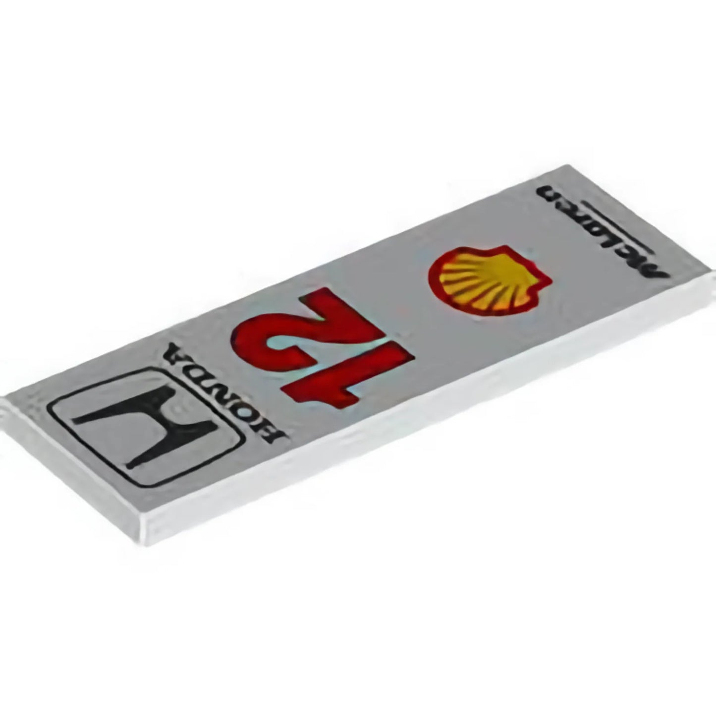 Part 69729pb108 - Tile 2 x 6 with Black 'McLaren' and 'HONDA', Yellow Shell Logo and Red '12' Pattern