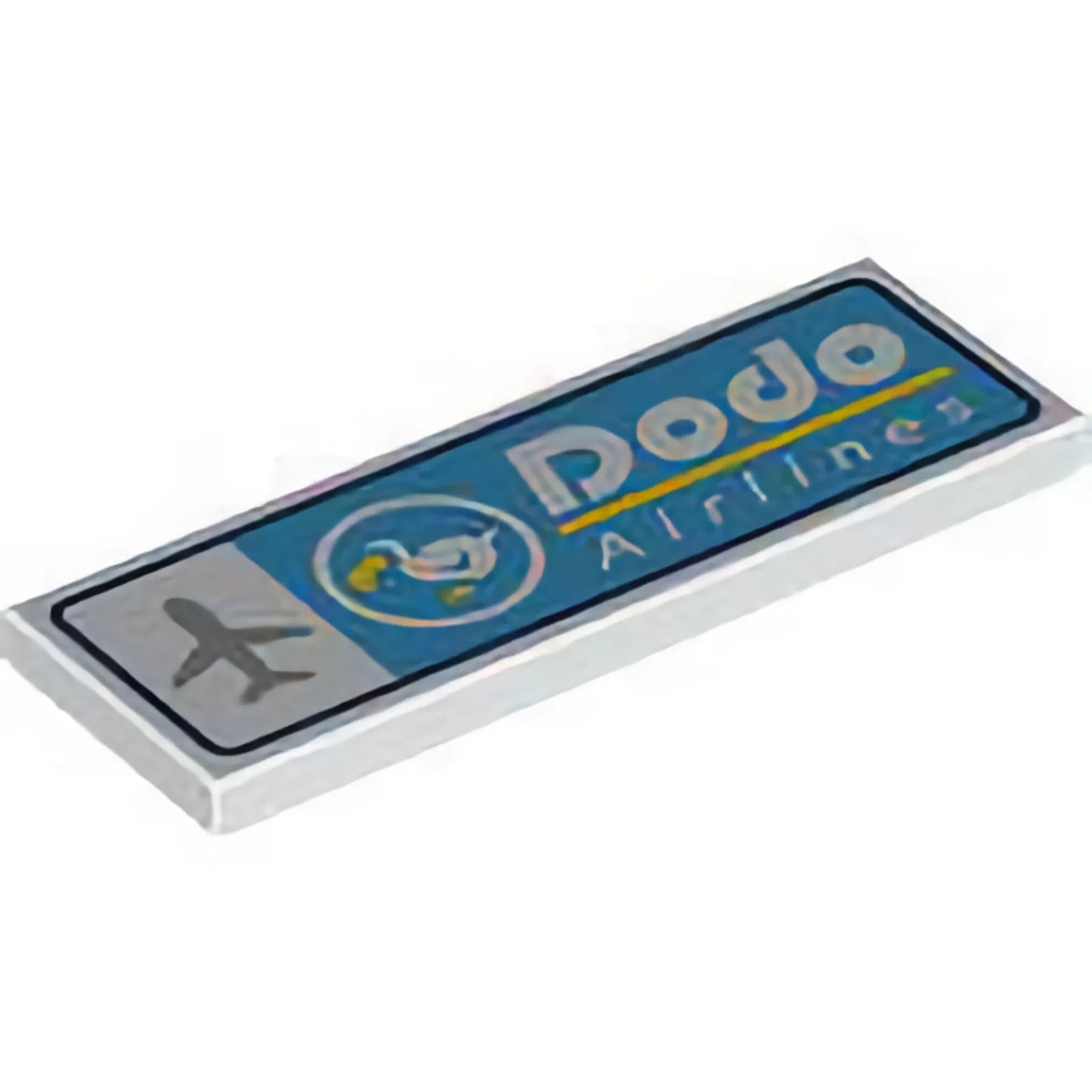 Part 69729pb119 - Tile 2 x 6 with Dark Azure and Dark Blue Sign, Silver Airplane, White and Yellow Bird and 'Dodo Airlines' Pattern