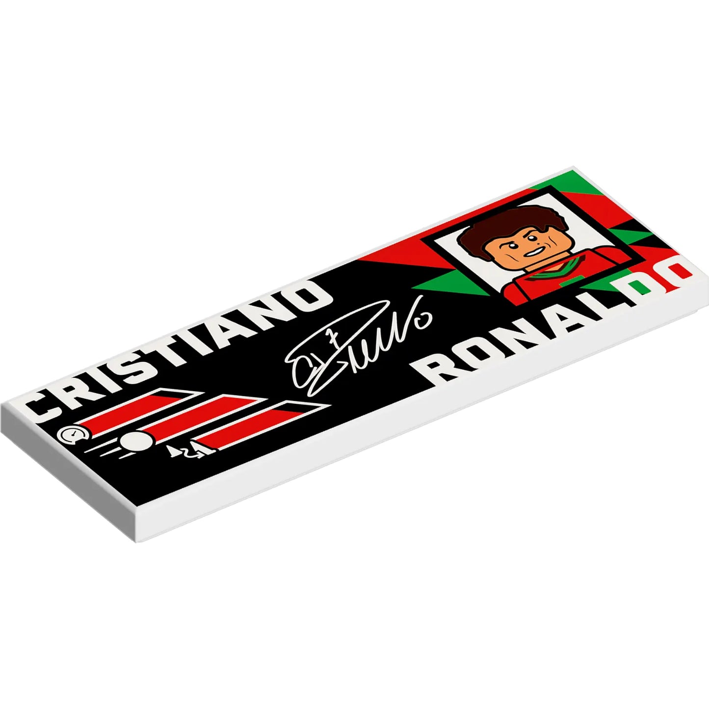 Part 69729pb243 - Tile 2 x 6 with White 'CRISTIANO RONALDO' and Signature, Dark Brown, Red and Green Portrait and Portuguese Flag Colors on Black Background Pattern