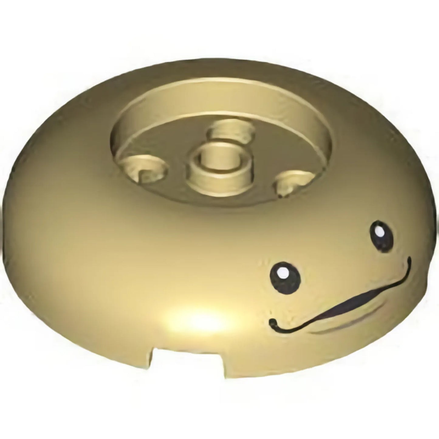 Part 79850pb02 - Brick, Round 4 x 4 Dome Top with 2 x 2 Recessed Center with Black Eyes, Mouth and Dark Tan Dimple Pattern (The Legend of Zelda Deku Tree Sprout Face)