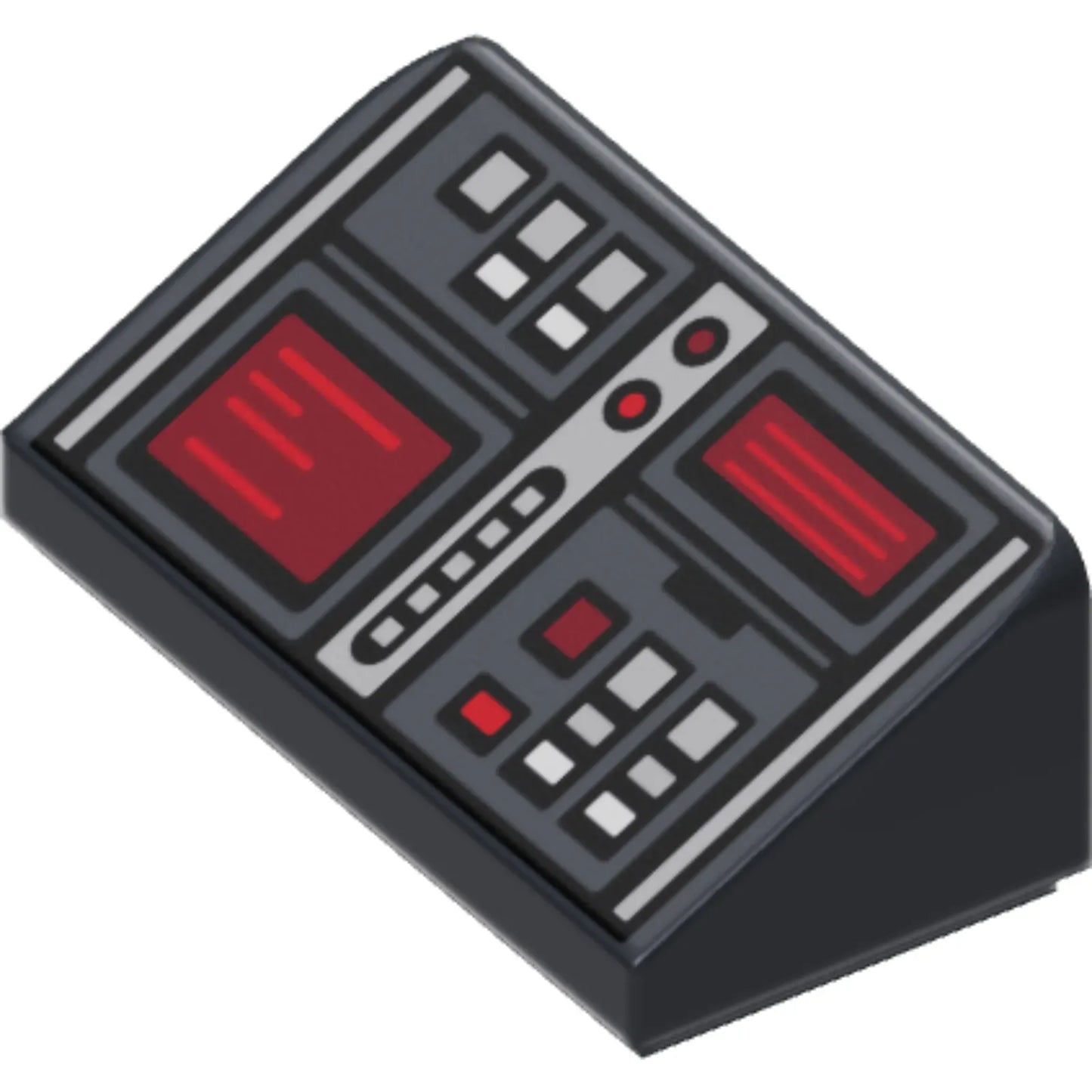 Part 85984pb127 - Slope 30 1 x 2 x 2/3 with Red, White, and Silver Buttons, Dark Red Screens Pattern